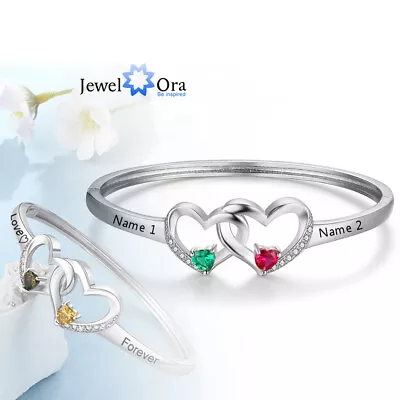 Women Bangle Bracelet 2 Birthstone Love Heart Cuff Engraved Custom Birthday Gift • $20.79