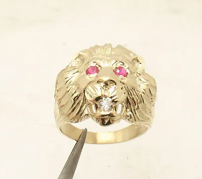 Size 11 Men's Lion Head Ring Ruby Eyes Real Solid 10K Yellow Gold 7.4gr • $555
