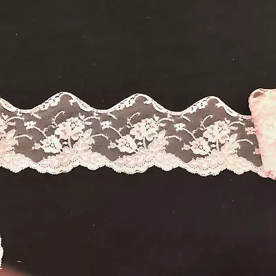 Scalloped Lace Trim Vintage Floral Lace Trim Nylon 3-3/4  Pink 10 Yds #P22 • $12.95