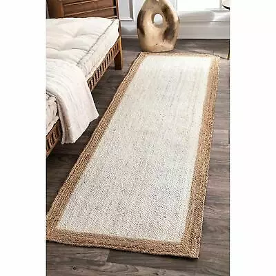 Rug Jute Carpet Natural Rectangle Handmade Runner Braided Area Rug White Beige • £28.40