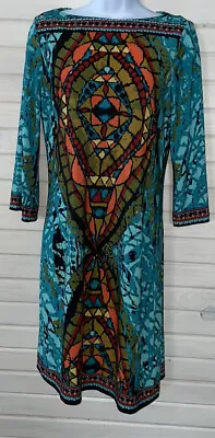 ECI New York Sz 4 Art To Wear Mosaic Boat Neck 3/4 Sleeve Stretch Dress EUC • $8.50