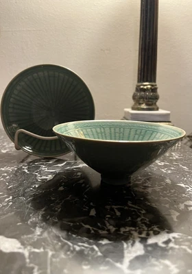 $19.99 • Buy Korean Celadon Pottery Rice Bowls In Chinese Bamboo Style - Set Of 2
