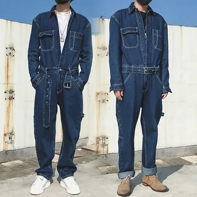 Retro Men Denim Loose Casual Overall Jumpsuit Dungarees Jeans Jacket Cargo Pants • $79.42