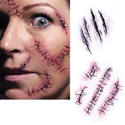 Halloween Zombie Scars Stitches Temporary Tattoos Party Wound Make Up 2 Sheets • £1.45