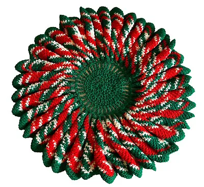 Vintage Crochet Christmas Doily Table Topper Red Green White Round Pleated 20” • $24.99