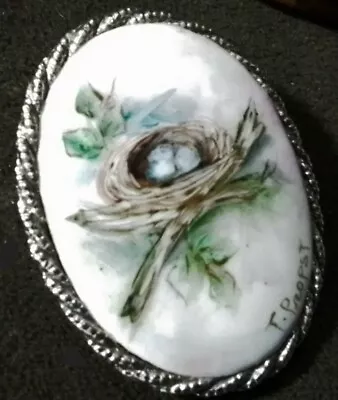 Vintage Hand Painted Porcelain Brooch Pin Baby Robins In Nest Artist Signed • $12.99