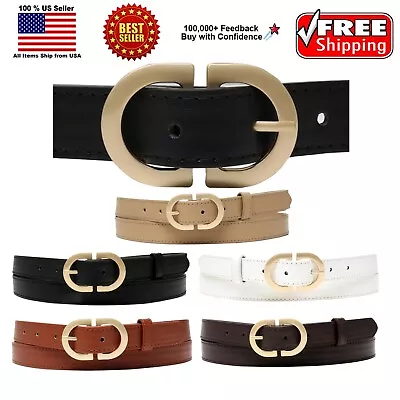 Ladies Designer Style Stitch Leather Belt Gold Belt Buckle • $8.99