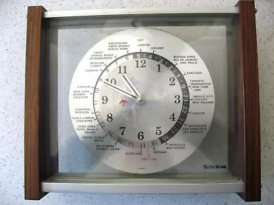 Vintage 1969 Verichron Executive World Time Desk Top Clock Teak Aviation - Works • $250