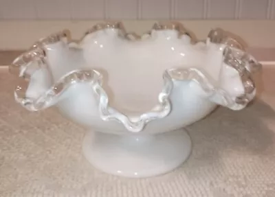 Vintage Fenton Milk Glass Silver Crest Ruffle Top Pedestal Compote 6  T 8  Dia • $18