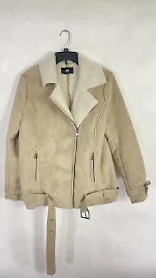 H&M Womens Jackets Faux Fur Collar Suede Beige Belted Size 8 • $31.45