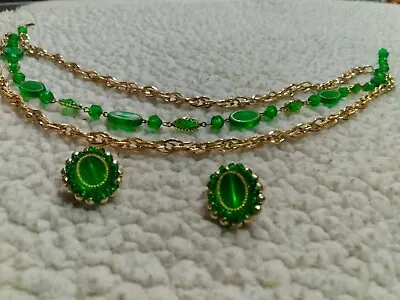Vtg CHUNKY 3 Pc SET CHOKER + CLIP EARRINGS Gold With Green Plastic RETRO STYLE • $12