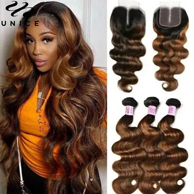 Mongolian Ombre Brown Body Wave 3 Bundles Human Hair Weaves With Lace Closure US • $235.80