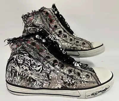 Ed Hardy Tattoo Tiger Mens Size 10 Black Turquoise Fray High Top No Lace Shoes • $45
