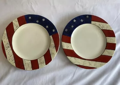 2 Sakura Warren Kimble Colonial Red White Blue American Flag 10 1/2  Plates • $31.89