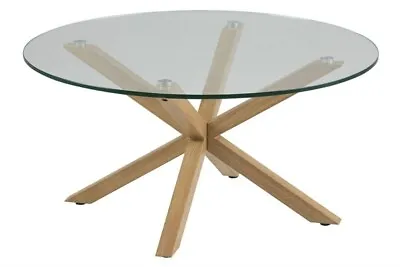 Striking Modern Elegant Scandi Round Glass Oak Look  Coffee Table Heaven Actona • £250