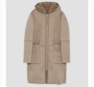 $42.26 • Buy Zara Women's Size M Faux Sherpa Suede Fur Reversible Hooded Cream Jacket Coat