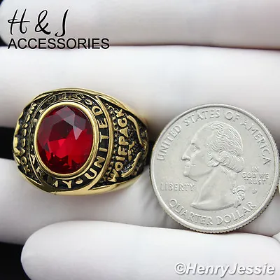 MEN Stainless Steel US Army Military Gold Plated Oval Simulated Ruby Ring*AGR100 • $15.99