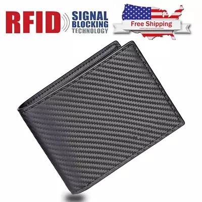 Genuine Leather Slim Wallet RFID Blocking Men Carbon Fiber Bifold Card ID Holder • $11.99