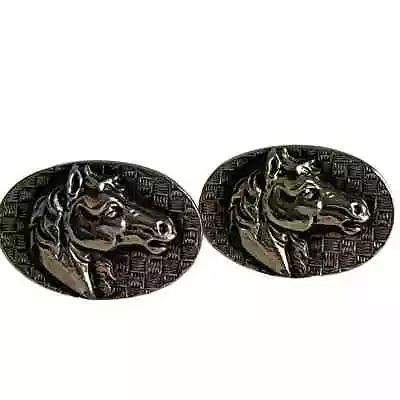 Vintage Silver Tone Oval Raised Wild Mustang Horse Head Cufflinks  • $40