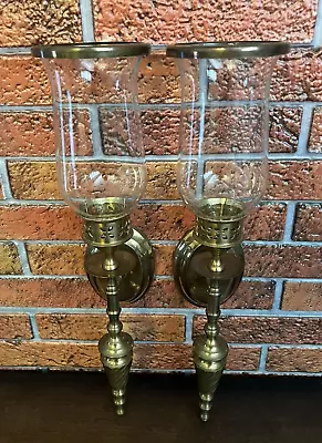 Vintage Brass Candle Holder Wall Sconce W/ Glass Hurrican Globe 17 3/8  - Pair • $44.99