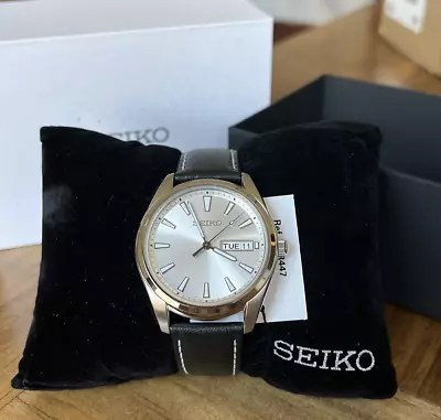 $32 • Buy SEIKO Silver Dial NEO CLASSIC Black Leather Men's Watch - SUR447 MSRP: $250