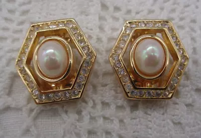 Vintage CHRISTIAN DIOR Faux PEARL & CRYSTAL Rhinestones Gold Tone Clip EARRINGS • $95