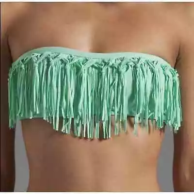 L Space Dolly Fringe Bandeau Bikini Top Sz XS Green Strapless Tie Back Swimsuit • $14.39