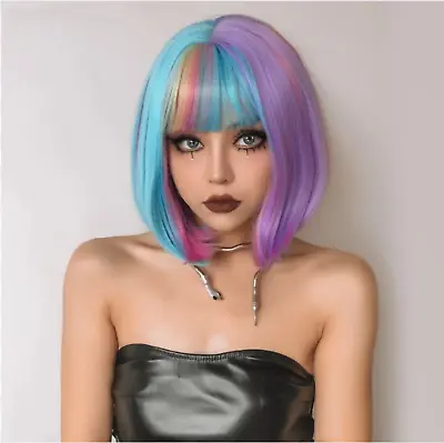 Purple Blue Rainbow Bob Wig Bangs Fringe Cosplay Lolita Short Pastel Mermaid • £43.38
