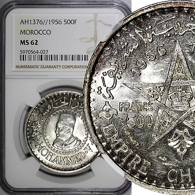 Morocco Mohammed V Silver AH1376//1956 500 Francs NGC MS62  Y# 54 (027) • $85