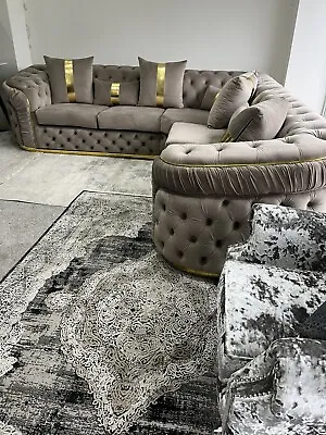 Ambassador Corner Sofa 270cm X 270cm In Beige Velvet And Gold Detailing  • £1300.99