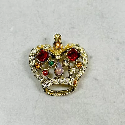 VTG Brooch Crown Colorful Crystal Gold Tone 1.25  Pin Estate Jewelry • $9.95