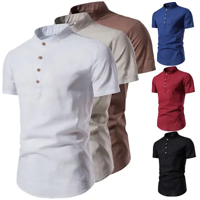 Men Cotton Linen Collar T Shirt Short Sleeve Top Summer Grandad Shirt Blouse Tee • £6.99