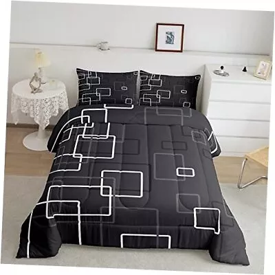 Black Grey White Comforter SetGeometric Square Bedding Set Twin Multi 01 • $69.86