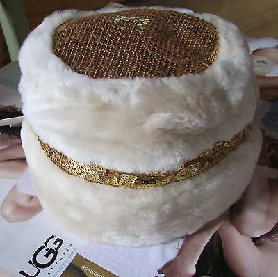 UGG In Out Bucket Hat Gold Sequins Chestnut Sheepskin Sand Shearling New $175 • $94.50