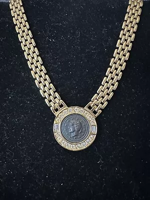 Vintage Joan Rivers  Necklace Coin Center W Crystals Gold Chain Book Piece Rare • $85