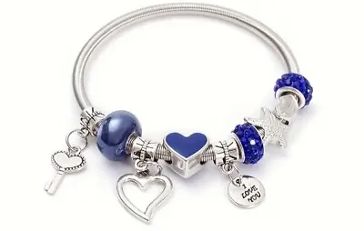 In The Style Of Pandora   Silver Look Charm Bracelet With Navy Beads • £3.75