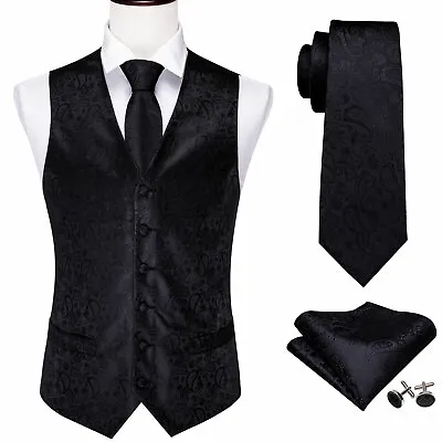 $22.99 • Buy Mens Formal Waistcoat Black Paisley Silk Vest Suit Tuxedo Prom Tie Hanky Set 