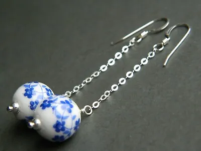 £9.50 • Buy Blue & White Porcelain Beads, Hand Painted Flowers, 925 Sterling Silver Earrings