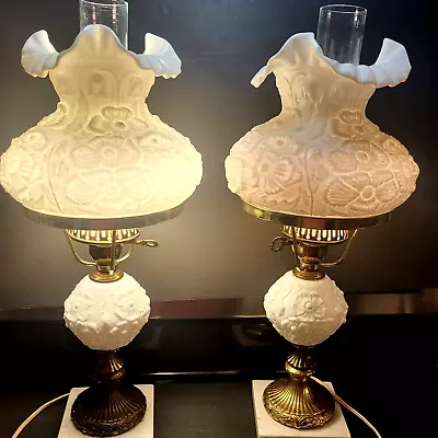 2 Vtg Fenton White Milk Glass Poppy Lamps Marble Base 20  T Ruffle Shade Italy • $425