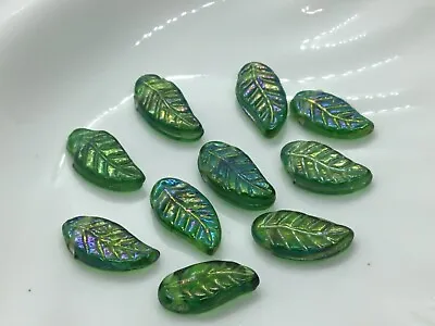 £1.31 • Buy Pack Of 10 Lime Green Lustre AB Coating Leaf Indian Glass Beads, 15mm X 8mm