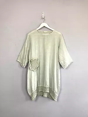 Linen Tunic Dress Grey Size M Lagenlook Arty Quirky Shift Dress Pockets • £14.99