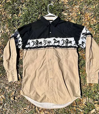 Vintage Western Shirt Mens L Beige Horse Stampede Print Pearl Snap Light Canvas • $19.99