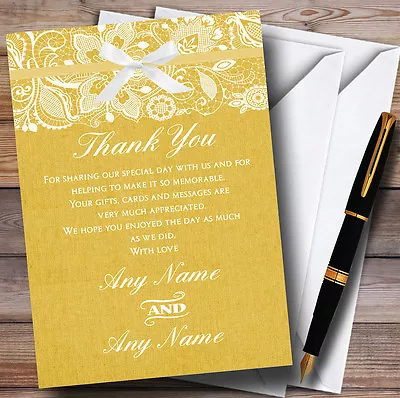 Vintage Golden Yellow Burlap & Lace Personalised Wedding Thank You Cards • £9.99