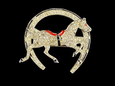 Antique Crystal Rhinestone Horseshoe Pin Brooch Race Horse Jockey Lucky Charm • £32.29