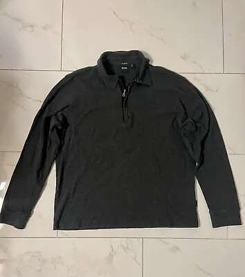 Hugo Boss Dark Grey Quarter Zip Pullover Sweater Collared Pima Cotton Large • $15.97