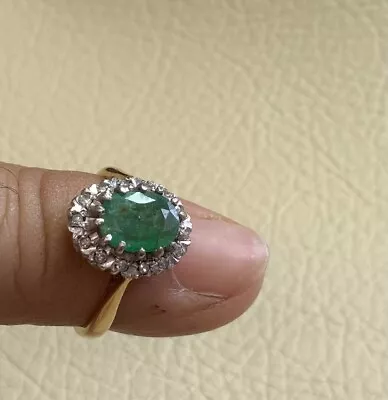 Luxury 18k 18ct Gold Emerald Diamond Surround Cluster Ring Size N 1/2 Green • £745