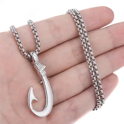 Men's Fishing Hook Design Silver Stainless Steel Pendant Necklace Jewelry Set • $11.99