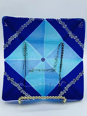 Cobalt Blue Fused Millefiori Art Glass Plate Dish Square 6” • $33