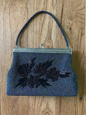 Vintage Hand-beaded Purse Iridescent And Black Floral Pattern • $28