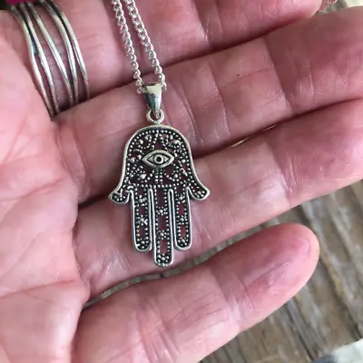 Hamsa With Evil Eye 925 Sterling Silver Pendant  Hand Of Fatima Spiritual • $20.50